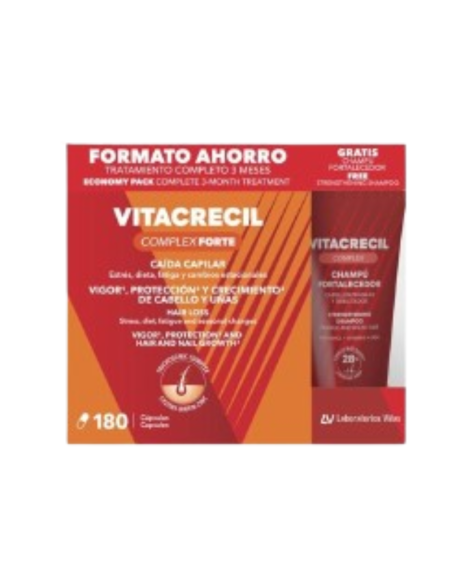 VITACRECIL COMPLEX FORTE 180 CÁPSULAS + CHAMPÚ FORTALECEDOR